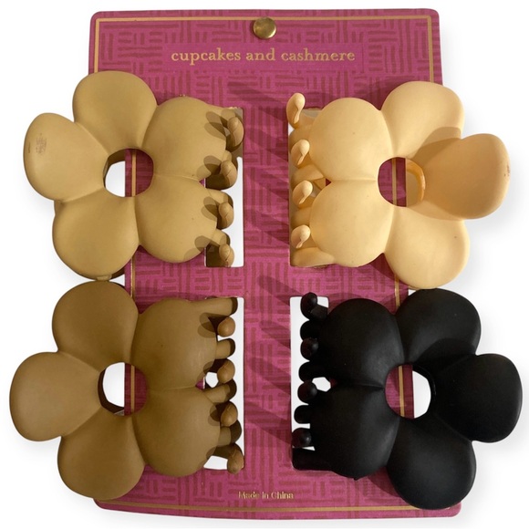 Lot Set 4 Flower Hair Claw Clips Neutral Color Black Brown Beige Cream Tan 2.5” - Picture 1 of 2
